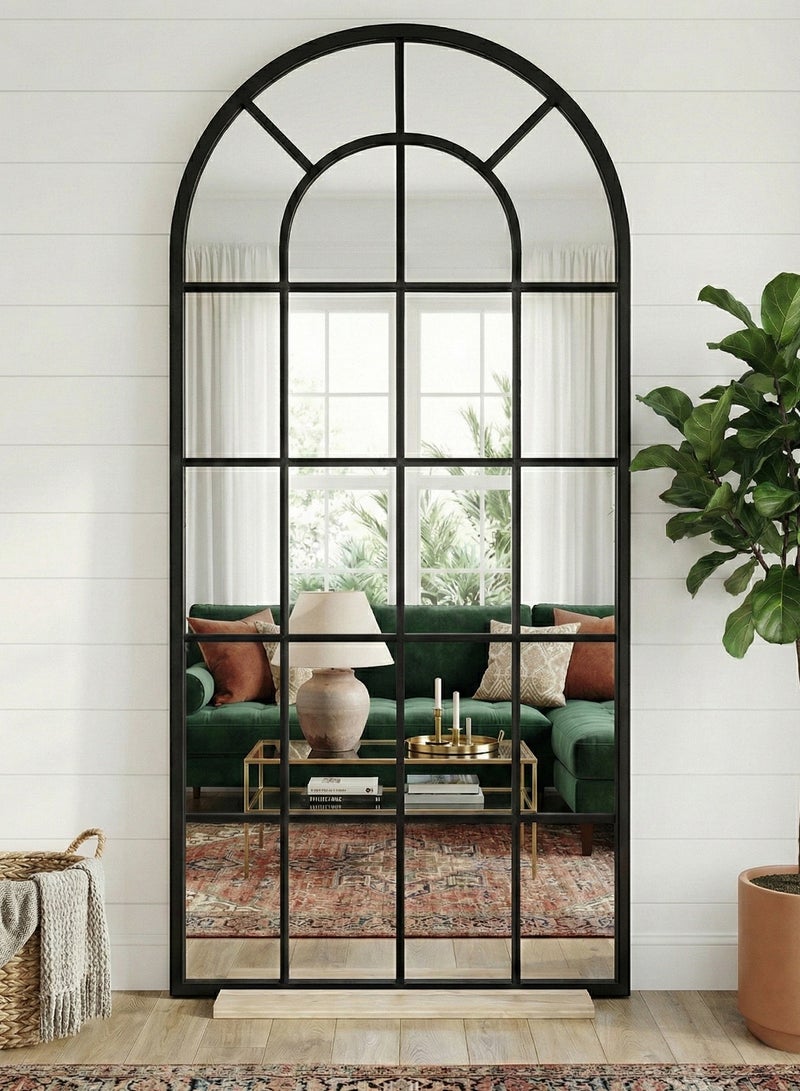 M-Smart Large Wall Mirror 180x80cm with Wooden Base and Black Metal Frame - Modern Arched Window Design Decorative Mirror for Living Room, Bedroom and Home Entryway - Image 1